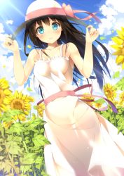 Rule 34 | 1girl, aqua eyes, armpit peek, bare arms, bare shoulders, black hair, blush, breasts, cloud, cloudy sky, collarbone, day, dress, flower, hands on headwear, hands up, hat, hat ribbon, hat tug, kaname 024, light rays, long hair, looking at viewer, original, outdoors, petals, plant, red ribbon, ribbon, ringed eyes, sky, sleeveless, sleeveless dress, small breasts, smile, solo, standing, sun hat, sunbeam, sundress, sunflower, sunlight, white dress