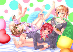 Rule 34 | 3girls, :d, absurdres, ahoge, barefoot, blonde hair, blue eyes, blush, breasts, brown hair, collar, crossed ankles, cushion, feet, foot focus, green eyes, grin, hair ribbon, hashima izumi, heart, heart-shaped pillow, highres, large breasts, looking at viewer, low twintails, lying, mechanical pencil, multiple girls, on back, on stomach, one eye closed, open mouth, pajamas, pencil, pillow, polka dot, polka dot background, purple eyes, red hair, ribbon, saenai heroine no sodatekata, sagara mayu, sawamura spencer eriri, shirouzu myuuta, short hair, shorts, smile, soles, striped, the pose, toes, trait connection, twintails