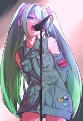 Rule 34 | 1girl, absurdres, alternate color, arms behind back, bare shoulders, breast pocket, breasts, buttons, commentary, cowboy shot, denim, denim dress, detached sleeves, dress, english commentary, expressionless, eyelashes, eyes visible through hair, flag, green eyes, green hair, hair between eyes, half-closed eyes, hatsune miku, highres, huge filesize, jipponwazaari, light particles, long hair, looking away, microphone, microphone stand, multicolored hair, music, number tattoo, open mouth, pin, pocket, shoulder tattoo, singing, small breasts, solo, stage lights, tattoo, teeth, thighs, twintails, union jack, very long hair, vocaloid
