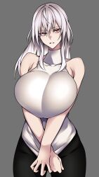 Rule 34 | 1girl, absurdres, bare shoulders, black pants, breasts, commission, cowboy shot, crossed arms, grey background, highres, huge breasts, hz (666v), long hair, looking at viewer, original, paid reward available, pants, red eyes, shirt, simple background, sleeveless, sleeveless shirt, solo, thighs, white hair, white shirt