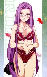 Rule 34 | 1girl, absurdres, bare shoulders, black bow, black eyes, blush, bow, bra, breasts, character name, cleavage, closed mouth, cowboy shot, diagonal stripes, duplicate, fate/stay night, fate (series), female focus, frilled bra, frilled panties, frills, glasses, groin, hair bow, happy, head tilt, highres, large breasts, legs, light blush, lingerie, long hair, looking at viewer, low-tied long hair, medusa (fate), medusa (rider) (fate), morii shizuki, nose blush, own hands together, panties, purple hair, red bra, red panties, simple background, smile, solo, square pupils, standing, striped, thigh gap, thighs, underwear, underwear only, very long hair, white eyes
