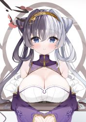 Rule 34 | 1girl, absurdres, artist request, azur lane, bare shoulders, blue eyes, blush, breasts, cleavage, cleavage cutout, clothing cutout, cone hair bun, detached sleeves, framed breasts, hair bun, highres, large breasts, long hair, silver hair, solo, ying swei (azur lane)