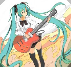 Rule 34 | 1girl, aqua hair, bad drawr id, bad id, black bow, black bowtie, black eyes, black thighhighs, bow, bowtie, closed mouth, dot mouth, electric guitar, guitar, hair ornament, hatsune miku, holding, holding guitar, holding instrument, instrument, long hair, long sleeves, looking at object, multicolored background, oekaki, orange background, shirt, sidelocks, solo, standing, suya000, thighhighs, twintails, vocaloid, white background, white shirt
