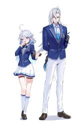 Rule 34 | 1boy, 1girl, absurdres, ahoge, alternate costume, armband, arms behind back, blue armband, blue eyes, blue hair, blue jacket, blush, bow, bowtie, brown footwear, chochomi, full body, furina (genshin impact), genshin impact, grey eyes, grey hair, highres, holding, jacket, kneehighs, long hair, long sleeves, necktie, neuvillette (genshin impact), open mouth, pants, pleated skirt, shoes, simple background, skirt, socks, standing, sweat, thigh strap, white background, white pants, white skirt, white socks