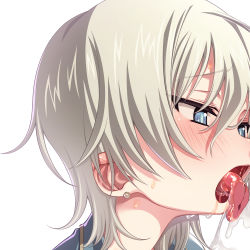 Rule 34 | 10s, 1girl, anastasia (idolmaster), blue eyes, blush, earrings, idolmaster, idolmaster cinderella girls, jewelry, licking, open mouth, sakuya tsuitachi, saliva, sexually suggestive, short hair, silver hair, solo, tongue, tongue out