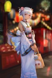 Rule 34 | 1girl, altera (fate), alternate costume, alternate hairstyle, bad id, bad pixiv id, bag, bagged fish, bare shoulders, blue bow, blurry, blurry background, blush, bow, breasts, bright pupils, choker, closed mouth, collarbone, dark-skinned female, dark skin, dated, depth of field, detached sleeves, fate/grand order, fate (series), feet out of frame, festival, fireworks, fish, floral print, flower, forehead protector, frilled kimono, frills, hair flower, hair ornament, hair rings, hokori sakuni, japanese clothes, kimono, lantern, large bow, long sleeves, looking at viewer, night, night sky, obi, outdoors, pink flower, print sleeves, red eyes, sash, shop, sideboob, sidelocks, sky, small breasts, smile, solo, standing, symbol-only commentary, water, white choker, white kimono, wide sleeves
