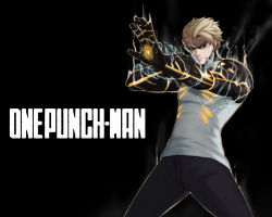 Rule 34 | 1boy, absurdres, aura, black background, black sclera, blonde hair, colored sclera, copyright name, cyborg, determined, ear piercing, earrings, electricity, eyebrows, eyebrows hidden by hair, fighting stance, genos, gesture, highres, jewelry, male focus, mechanical arms, one-punch man, piercing, powering up, shirt, short hair, sleeveless, sleeveless shirt, solo, white shirt, yellow eyes, yngh2445