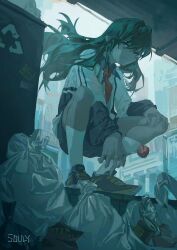 Rule 34 | 1girl, artist name, black hair, blue theme, can, candy, cityscape, dumpster, food, from below, highres, holding, holding candy, holding food, holding lollipop, lollipop, long hair, long sleeves, necktie, original, outdoors, red necktie, shoes, sneakers, socks, souly, squatting, trash, trash bag, trash can, white socks