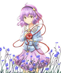 Rule 34 | 1girl, ahoge, alternate eye color, arms up, blouse, blue flower, blue shirt, commentary request, cosmos (flower), cowboy shot, expressionless, flower, frilled shirt collar, frilled sleeves, frills, hair ornament, hairband, heart, heart hair ornament, highres, holding, komeiji satori, long sleeves, looking at viewer, petticoat, pink skirt, purple hair, shirt, short hair, skirt, solo, standing, third eye, touhou, untucked shirt, yellow eyes, yuuyake