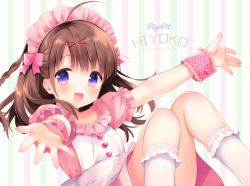 Rule 34 | 1girl, :d, ahoge, apron, artist name, blush, bow, braid, brown hair, collarbone, commentary request, dress, hair bow, hair ornament, hairclip, kneehighs, long hair, looking at viewer, maid headdress, open mouth, original, outstretched arms, pink bow, pink dress, piyodera mucha, plaid, plaid bow, purple eyes, smile, socks, solo, striped, striped background, vertical stripes, waist apron, white apron, white socks, x hair ornament