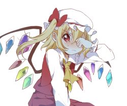 Rule 34 | 1girl, adapted costume, angry, arm support, ascot, blush, closed mouth, covering one eye, crying, crying with eyes open, crystal, flandre scarlet, frilled shirt collar, frills, frown, hair between eyes, hand up, hat, long sleeves, mob cap, one side up, puffy long sleeves, puffy sleeves, red skirt, red vest, sasaki sakiko, short hair with long locks, simple background, skirt, solo, tears, touhou, vest, white background, wings, yellow ascot