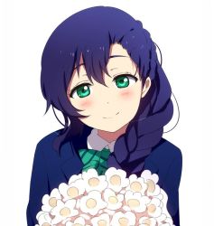 Rule 34 | 10s, 1girl, blazer, blush, bouquet, braid, flower, green eyes, hair over shoulder, jacket, looking at viewer, love live!, love live! school idol project, ogipote, purple hair, school uniform, single braid, smile, solo, tojo nozomi, upper body, white background