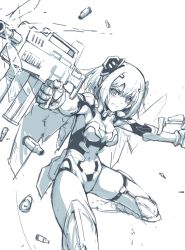 Rule 34 | 10s, 1girl, armor, blue theme, breasts, cleavage, clenched teeth, date a live, dual wielding, gun, holding, monochrome, nightmaremk2, shell casing, short hair, solo, tears, teeth, tobiichi origami, weapon