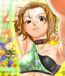 Rule 34 | 00s, 1girl, :p, arm behind head, arm up, armpits, bad id, bad pixiv id, bandaid, bandaid on face, bandaid on nose, brown eyes, brown hair, collar, collarbone, drumsticks, hairband, highres, k-on!, outstretched arm, pov, short hair, skull, solo, tainaka ritsu, tomboy, tongue, tongue out, upper body, zucchini
