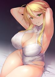 Rule 34 | 1girl, ahoge, armpits, arms behind head, arms up, artoria pendragon (fate), artoria pendragon (lancer) (fate), artoria pendragon (swimsuit ruler) (second ascension) (fate), blonde hair, blush, braid, breasts, bright pupils, cleavage, cleavage cutout, clothing cutout, covered collarbone, crossed bangs, fate/grand order, fate (series), green eyes, grin, groin, hair between eyes, half-closed eyes, high collar, highleg, highleg swimsuit, large breasts, lips, looking at viewer, one-piece swimsuit, parted lips, satou kuuki, side-tie swimsuit, sitting, skindentation, smile, solo, sweat, swimsuit, thighs, white one-piece swimsuit