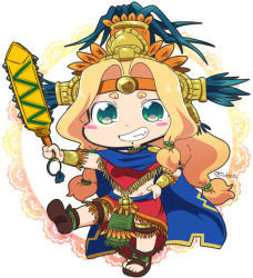 Rule 34 | 1girl, aztec, bead necklace, beads, blonde hair, blue cape, blush stickers, bracer, brown footwear, cape, chibi, chin piercing, fate/grand order, fate (series), feathers, full body, green eyes, grin, groin, hair beads, hair intakes, hair ornament, hand on own hip, headband, headdress, holding, holding sword, holding weapon, jewelry, leg up, loincloth, long hair, low-tied long hair, miniskirt, neck ring, necklace, outstretched arm, piercing, poncho, quetzalcoatl (fate), red skirt, sandals, sharp teeth, shoulder pads, skirt, smile, solo, standing, standing on one leg, sword, teeth, tsukko (3ki2ne10), twitter username, very long hair, weapon