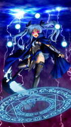 Rule 34 | 1girl, armor, basa rutan, belt, belt bra, black thighhighs, blue hair, cape, cloud, cyan0114, electricity, electrokinesis, fang, glowing, glowing eyes, hair ribbon, lightning, lyrical nanoha, magic circle, mahou shoujo lyrical nanoha, mahou shoujo lyrical nanoha a&#039;s, mahou shoujo lyrical nanoha a&#039;s portable: the battle of aces, levi the slasher, multicolored hair, open mouth, purple eyes, ribbon, skirt, sky, solo, thighhighs, twintails, two-tone hair, vulnificus