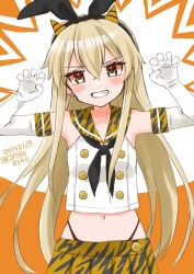 Rule 34 | 1girl, adapted costume, animal print, black hairband, black neckerchief, black panties, blonde hair, clenched teeth, cocoperino, cone horns, cowboy shot, crop top, curled fingers, dated, elbow gloves, gloves, grey eyes, hairband, highleg, highleg panties, horns, kantai collection, long hair, looking at viewer, microskirt, miniskirt, neckerchief, one-hour drawing challenge, orange sailor collar, orange skirt, panties, pleated skirt, sailor collar, shimakaze (kancolle), shirt, skirt, sleeveless, sleeveless shirt, solo, straight-on, teeth, tiger print, twitter username, underwear, white gloves