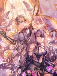 Rule 34 | 2girls, architecture, armor, armored dress, bare shoulders, bird, black dress, blonde hair, blue eyes, breasts, chain, church, cleavage, closed mouth, dove, dress, dual persona, fate/grand order, fate (series), flag, flower, fur-trimmed sleeves, fur trim, gauntlets, grey hair, hand up, headpiece, indoors, jeanne d&#039;arc (fate), jeanne d&#039;arc alter (fate), large breasts, light smile, long hair, midriff, multiple girls, navel, petals, pink flower, pink rose, rioka (southern blue sky), rose, rose petals, stomach, yellow eyes