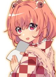 Rule 34 | 1girl, apron, bell, blush, book, checkered clothes, checkered kimono, hair bell, hair between eyes, hair ornament, holding, holding book, japanese clothes, jingle bell, kimono, motoori kosuzu, open book, open mouth, outline, red eyes, red hair, short hair, simple background, smile, solo, touhou, two side up, upper body, white background, yamase, yellow apron