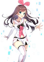 Rule 34 | 1girl, :d, bare shoulders, black bow, blue eyes, bow, breasts, brown hair, collarbone, commentary request, detached sleeves, feet out of frame, hair ribbon, head tilt, highres, icomochi, kizuna ai, kizuna ai inc., long hair, long sleeves, looking at viewer, medium breasts, multicolored hair, navel, open mouth, outstretched arm, pink hair, pink lips, pink ribbon, ribbon, round teeth, sailor collar, shirt, shorts, single vertical stripe, smile, solo, streaked hair, swept bangs, teeth, thighhighs, thighs, upper teeth only, virtual youtuber, white background, white sailor collar, white shirt, white shorts, white thighhighs