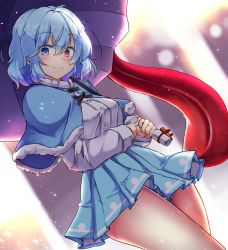 Rule 34 | 1girl, aka tawashi, blue capelet, blue eyes, blue hair, blue shirt, blue skirt, blush, breasts, capelet, commentary request, cowboy shot, dutch angle, fur trim, hair between eyes, heterochromia, highres, holding, holding umbrella, long sleeves, looking at viewer, medium breasts, miniskirt, pleated skirt, purple umbrella, red eyes, shirt, short hair, skirt, smile, solo, standing, tatara kogasa, thighs, tongue, touhou, umbrella