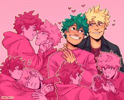 Rule 34 | 2boys, artist name, bakugou katsuki, black jacket, blonde hair, blush, boku no hero academia, box, closed eyes, closed mouth, commentary, earrings, english commentary, eye contact, freckles, giving, green eyes, green hair, grin, habkart, hand on another&#039;s head, hand on another&#039;s neck, heart, heart-shaped box, heart background, highres, holding, holding box, hood, hoodie, jacket, jewelry, long sleeves, looking at another, male focus, midoriya izuku, multiple boys, open mouth, pink background, pink shirt, shirt, short hair, simple background, sleeping, sleeping on person, smile, spiked hair, valentine, yaoi