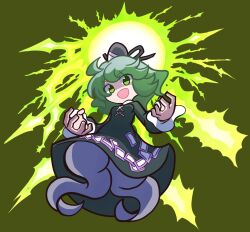 Rule 34 | 1girl, cross-laced clothes, dress, full body, ghost tail, green background, green dress, green hair, lightning, long sleeves, looking at viewer, ofuda, ofuda on clothes, open mouth, puyopuyo, shinmon akika, short hair, soga no tojiko, solo, touhou