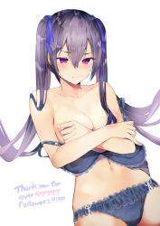 Rule 34 | 1girl, bare shoulders, blue bra, blue panties, blue ribbon, blush, bra, bra pull, breasts, cleavage, closed mouth, clothes pull, collarbone, commentary request, hair between eyes, hair censor, hair over breasts, hair over one breast, hair ribbon, highres, long hair, looking at viewer, medium breasts, milestone celebration, mole, mole under eye, navel, original, panties, purple eyes, purple hair, ribbon, simple background, solo, tetsubuta, thank you, twintails, underwear, underwear only, very long hair, white background
