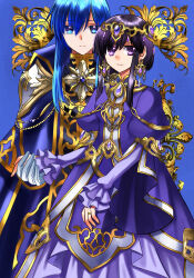 Rule 34 | 1boy, 1girl, 74, alternate costume, black hair, blue background, blue cape, blue eyes, blue hair, cape, closed mouth, commentary request, commission, diadem, dress, earrings, fire emblem, fire emblem: genealogy of the holy war, formal, frilled sleeves, frills, gloves, hair between eyes, high collar, highres, holding hands, husband and wife, jewelry, juliet sleeves, larcei (fire emblem), long hair, long sleeves, looking at viewer, nintendo, puffy sleeves, purple dress, purple eyes, ring, seliph (fire emblem), short hair with long locks, sidelocks, skeb commission, smile, wedding ring, white gloves