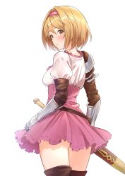 Rule 34 | 1girl, absurdres, b1ack illust, blonde hair, boots, brown eyes, brown footwear, djeeta (granblue fantasy), dress, frills, from behind, gauntlets, granblue fantasy, hairband, highres, looking back, neck, open mouth, pink dress, pink hairband, puffy sleeves, scabbard, sheath, short hair, solo, thigh boots, thighhighs, zettai ryouiki