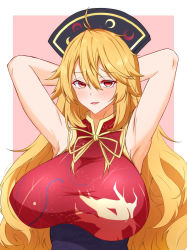 Rule 34 | 1girl, ahoge, arms behind head, arms up, belt, black hat, blonde hair, blush, border, bow, bowtie, breasts, chinese clothes, commentary request, crescent, hair between eyes, hands up, hat, highres, huge breasts, junko (touhou), long hair, looking at viewer, mandarin collar, mature female, open mouth, outside border, phoenix crown, pink background, purple belt, red eyes, simple background, smile, solo, sweat, sweatdrop, tabard, tasuku (tusktouhou4), tongue, touhou, upper body, white border, yellow bow, yellow bowtie