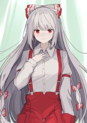 Rule 34 | 1girl, absurdres, bow, buttons, closed mouth, collared shirt, cowboy shot, fujiwara no mokou, grey hair, hair bow, hand in pocket, highres, long hair, long sleeves, looking at viewer, multiple bows, pants, red eyes, red pants, shiratakiseaice, shirt, smile, solo, standing, suspenders, touhou, white shirt