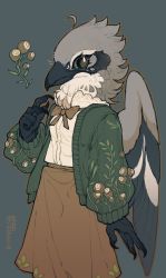 Rule 34 | 1girl, arm at side, artist name, beak, bird girl, bird wings, blue sclera, bow, bowtie, brown eyes, brown flower, brown outline, cardigan, colored sclera, commentary, english commentary, feathered wings, feet out of frame, floral print, from side, furry, furry female, green cardigan, grey feathers, hand up, highres, lace, lace-trimmed shirt, lace trim, open cardigan, open clothes, orange bow, orange bowtie, orange skirt, original, shirt, shuini xiaomao, signature, skirt, solo, standing, talons, white shirt, wings