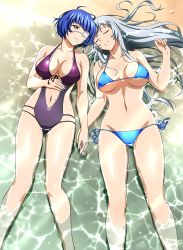 Rule 34 | 2girls, bikini, black ribbon, blue bikini, blue eyes, blue hair, breasts, casual one-piece swimsuit, chouun shiryuu, closed eyes, clothing cutout, collarbone, eyepatch, floating hair, from above, highres, holding hands, ikkitousen, large breasts, long hair, looking at viewer, lying, mole, mole under mouth, multiple girls, navel, navel cutout, on back, one-piece swimsuit, purple one-piece swimsuit, ribbon, ryomou shimei, short hair, side-tie bikini bottom, sideboob, silver hair, smile, swimsuit, underboob, very long hair, water