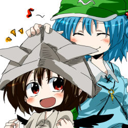Rule 34 | 2girls, ^ ^, blue eyes, brown hair, child, closed eyes, closed eyes, female focus, hair bobbles, hair ornament, hat, kawashiro nitori, key, multiple girls, open mouth, paper hat, paper kabuto, red eyes, shameimaru aya, short hair, short twintails, smile, touhou, twintails, two side up, unya, wings, aged down