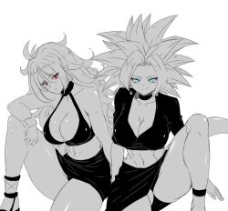 Rule 34 | 2girls, abs, android 21, blue eyes, breasts, darwaarts, dragon ball, dragon ball fighterz, dragon ball super, earrings, fusion, greyscale, highres, jewelry, kefla (dragon ball), majin android 21, monochrome, multiple girls, pointy ears, potara earrings, red eyes, saiyan, short hair, super saiyan, thick thighs, thighs
