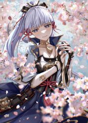 Rule 34 | 1girl, arm armor, armor, artist name, ayaka (genshin impact), black armor, black gloves, blue eyes, blue hair, blue skirt, blue sky, blue vest, blunt bangs, blurry, blurry background, blurry foreground, blush, branch, breasts, buttons, cherry blossoms, choker, closed mouth, collarbone, collared vest, day, eyelashes, fingerless gloves, fingernails, floral print, flower, genshin impact, gloves, gold choker, gold trim, hair ornament, hair ribbon, hands up, highres, long fingernails, long hair, looking to the side, medium breasts, mo sha3194, open clothes, open vest, outdoors, petals, pink flower, pink ribbon, ponytail, ribbon, rope, short sleeves, skirt, sky, smile, solo, standing, tassel, tree, vest