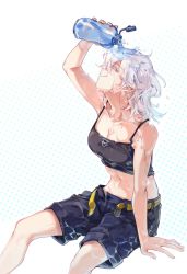 Rule 34 | bare shoulders, belt, black shorts, black tank top, bottle, closed eyes, crop top, girls&#039; frontline, groin, highres, imoko (imonatsuki), midriff, navel, official art, open belt, open fly, polka dot, polka dot background, pouring, pouring onto self, shorts, sitting, sl8 (girls&#039; frontline), solo, tank top, water, water bottle, water drop, white hair, yellow belt