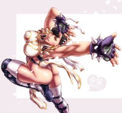 Rule 34 | 1girl, armor, arms up, ass, black hair, bracelet, breasts, brown eyes, bun cover, capcom, chun-li, commentary request, covered erect nipples, double bun, f-15jrs, fingerless gloves, gloves, greaves, hair bun, highres, impossible clothes, impossible leotard, jewelry, knee pads, large breasts, leotard, looking at viewer, muscular, muscular female, official alternate costume, parted lips, purple gloves, running, short hair, smile, solo, spiked bracelet, spikes, street fighter, street fighter v, swept bangs, thighhighs, thong leotard, white leotard, white thighhighs