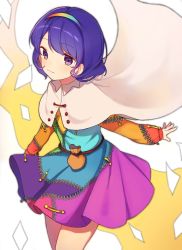 Rule 34 | 1girl, blue eyes, blue hair, blush, cloak, closed mouth, cowboy shot, dress, hairband, highres, long sleeves, multicolored clothes, multicolored dress, multicolored hairband, patchwork clothes, rainbow gradient, short hair, simple background, smile, solo, sweetpotatojelly, tenkyuu chimata, touhou, white background, white cloak