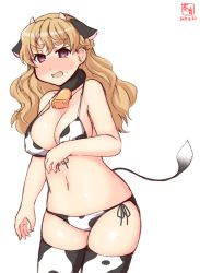 Rule 34 | 1girl, alternate costume, animal ears, animal print, artist logo, bell, bikini, blonde hair, braid, breasts, brown eyes, cleavage, commentary request, cow ears, cow horns, cow print, cow tail, cowbell, cowboy shot, dated, french braid, front-tie top, highres, horns, kanon (kurogane knights), kantai collection, large breasts, long hair, looking at viewer, one-hour drawing challenge, side-tie bikini bottom, simple background, solo, swimsuit, tail, thighhighs, wavy hair, white background, white bikini, white thighhighs, zara (kancolle)