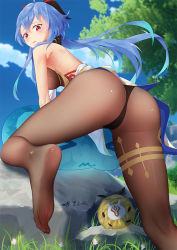 Rule 34 | 1girl, ahoge, artist request, ass, bare shoulders, blue hair, blush, bodystocking, breasts, cameltoe, from behind, ganyu (genshin impact), genshin impact, horns, huge ass, large breasts, leotard, long hair, looking at viewer, looking back, looking down, pantyhose, red eyes, shiny clothes, shiny skin, sideboob, solo, very long hair, waist cape