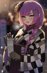 Rule 34 | 1girl, blush, braid, braided ponytail, checkered clothes, checkered kimono, fishnet gloves, fishnets, gloves, green eyes, hair ornament, hairpin, highres, holding, holding paper, hololive, japanese clothes, kimono, kuwahara taiki, long hair, looking at viewer, multicolored hair, official alternate costume, open mouth, paper, pink hair, pointy ears, purple hair, smile, solo, streaked hair, tokoyami towa, tokoyami towa (new year), virtual youtuber, white kimono, x hair ornament