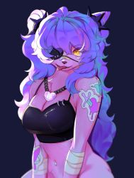 Rule 34 | 1girl, bandaid, bandaid on face, bandaid on nose, blue hair, body fur, bottomless, eyepatch, fangs, female focus, furry, furry female, heart, heart eyepatch, highres, jewelry, long hair, looking at viewer, multicolored hair, navel piercing, necklace, open mouth, original, out-of-frame censoring, piercing, pink fur, slit pupils, solo, sticker, teeth, tongue, tongue out, wavy hair, woopo, yellow eyes
