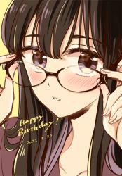Rule 34 | 1girl, adjusting eyewear, black-framed eyewear, black hair, blush, collarbone, commentary, dated, english commentary, english text, fingernails, glasses, hands up, happy birthday, himawari-san, himawari-san (character), long hair, long sleeves, looking at viewer, parted lips, portrait, purple eyes, purple shirt, shirt, simple background, solo, sugano manami, yellow background