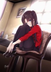 Rule 34 | 1girl, bee doushi, black hair, black pantyhose, blue eyes, book, chair, closed mouth, cup, fate/stay night, fate (series), hair between eyes, high heels, highres, lamp, long hair, looking at viewer, panties, pantyhose, shoes, sitting, smile, table, teacup, teapot, thighband pantyhose, tohsaka rin, underwear, window