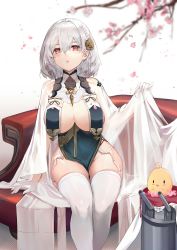 Rule 34 | 1girl, azur lane, bare shoulders, bird, bkko, blush, braid, breasts, cape, cherry blossoms, chick, china dress, chinese clothes, couch, dress, garter straps, gloves, green dress, hair between eyes, hair ornament, half gloves, highres, large breasts, looking at viewer, manjuu (azur lane), neckwear between breasts, petals, red eyes, revealing clothes, short hair, sirius (azur lane), sirius (azure horizons) (azur lane), sitting, tassel, thighhighs, thighs, turret, white background, white cape, white gloves, white hair, white thighhighs