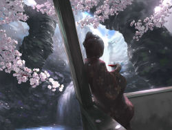 Rule 34 | 1girl, cherry blossoms, cloud, coz (commit), cup, japanese clothes, original, petals, sky, solo, tree