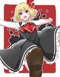 Rule 34 | 1girl, :d, ascot, black dress, blonde hair, commentary, dress, fang, frilled dress, frills, hair ribbon, long sleeves, looking at viewer, open mouth, outstretched arms, red ascot, red background, red eyes, red ribbon, ribbon, rumia, short hair, smile, solo, takuan (yasaibarusu), touhou